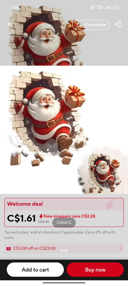 3D Santa Claus Wall Break Sticker – Christmas Removable Wall Decoration